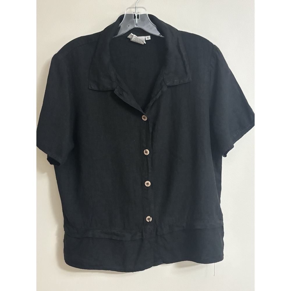 Hot Cotton By Marc Ware Small LINEN Black Button Down SS Collared Shirt Top